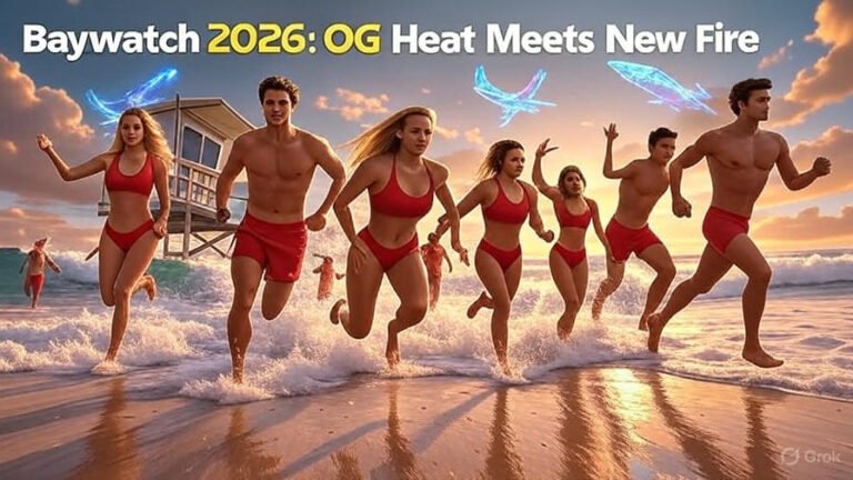 A vibrant, hyper-realistic digital artwork depicting a diverse team of athletic lifeguards in iconic red swimsuits sprinting in slow-motion across a golden-hour California beach, with dramatic crashing waves and rising sea foam in the background. Subtle composites show Carmen Electra as a confident veteran waving from a lifeguard tower, Margot Robbie diving fearlessly into the surf, David Corenswet leading as the heroic new Mitch Buchannon, and Jacob Elordi brooding on the horizon; holographic rescue drones glow in the sunset sky. Bold retro-futuristic text overlay reads "Baywatch 2026: OG Heat Meets New Fire" at the top, in warm orange-blue tones with high contrast for an epic, cinematic feel