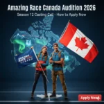 Exciting promotional image for Amazing Race Canada Audition 2026 Season 12: Two energetic Canadian adventurers (a diverse young couple in athletic gear) at the starting line, holding a Pit Stop flag with a waving Canadian flag behind them. Stylized background map of Canada shows glowing race routes from Vancouver to Halifax, featuring icons like Rocky Mountains, Niagara Falls, and Northern Lights. Bold text overlay reads "Amazing Race Canada Audition 2026" and "Season 12 Casting Call - How to Apply Now," with a red "Apply by Dec 15!" CTA button. Vibrant blues, reds, and greens evoke adventure and urgency.