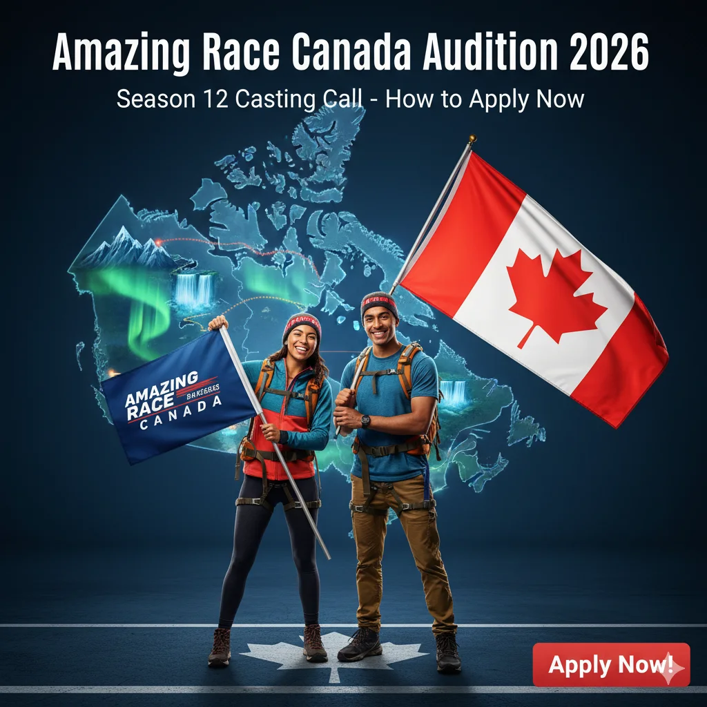 Exciting promotional image for Amazing Race Canada Audition 2026 Season 12: Two energetic Canadian adventurers (a diverse young couple in athletic gear) at the starting line, holding a Pit Stop flag with a waving Canadian flag behind them. Stylized background map of Canada shows glowing race routes from Vancouver to Halifax, featuring icons like Rocky Mountains, Niagara Falls, and Northern Lights. Bold text overlay reads "Amazing Race Canada Audition 2026" and "Season 12 Casting Call - How to Apply Now," with a red "Apply by Dec 15!" CTA button. Vibrant blues, reds, and greens evoke adventure and urgency.