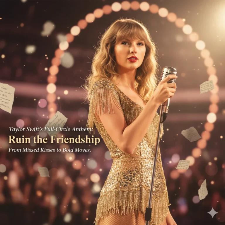 Taylor Swift performs Ruin the Friendship during her 2025 Showgirl Era concert, dressed in a gold sequined gown under golden stage lights, with nostalgic lyric visuals and emotional spotlight framing her transformation.