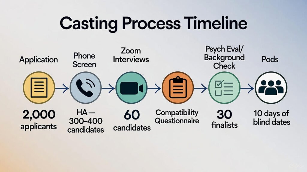 [Casting Process Timeline Graphic: A horizontal flowchart showing Application → Phone Screen (2,000 applicants) → Zoom Interviews (300–400) → Compatibility Questionnaire → Psych Eval/Background Check → 30 Finalists → Pods (10 days of blind dates). Arrows connect stages with estimated durations.]