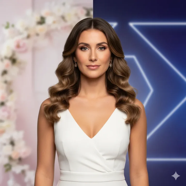 A high-gloss, reality-TV style promotional image showing four glamorous women in white evening dresses, symbolizing MAFS brides. They are standing confidently against a dramatic night-time backdrop of the Big Brother UK house, which features a large, glowing blue 'Big Brother' eye logo. The image includes the overlaid text: "MAFS Brides Join Big Brother UK 2025" and "Meet the 4 Fan Favourites."