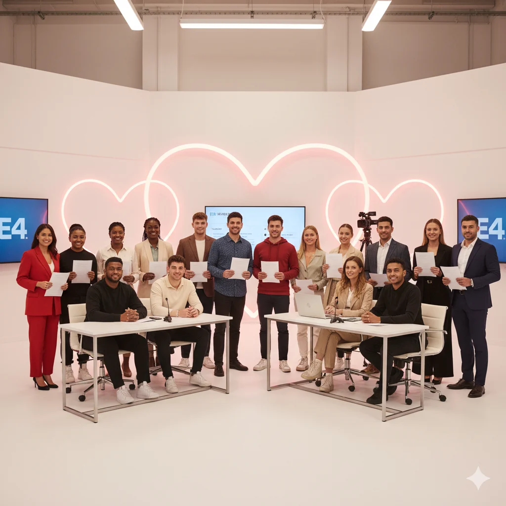 Modern editorial photo representing MAFS UK auditions. A diverse group of young adults are seen in a bright, stylish studio with warm lighting, holding application forms near a casting desk, symbolizing the reality TV selection process.