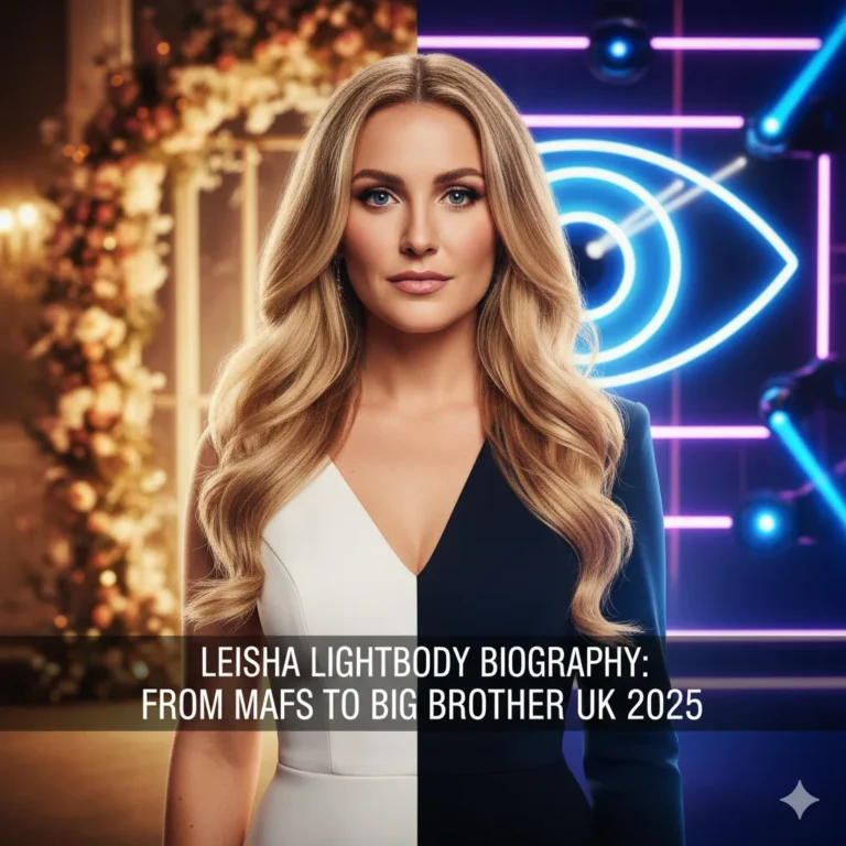 A high-gloss, reality-TV style promotional image showing four glamorous women in white evening dresses, symbolizing MAFS brides. They are standing confidently against a dramatic night-time backdrop of the Big Brother UK house, which features a large, glowing blue 'Big Brother' eye logo. The image includes the overlaid text: "MAFS Brides Join Big Brother UK 2025" and "Meet the 4 Fan Favourites."