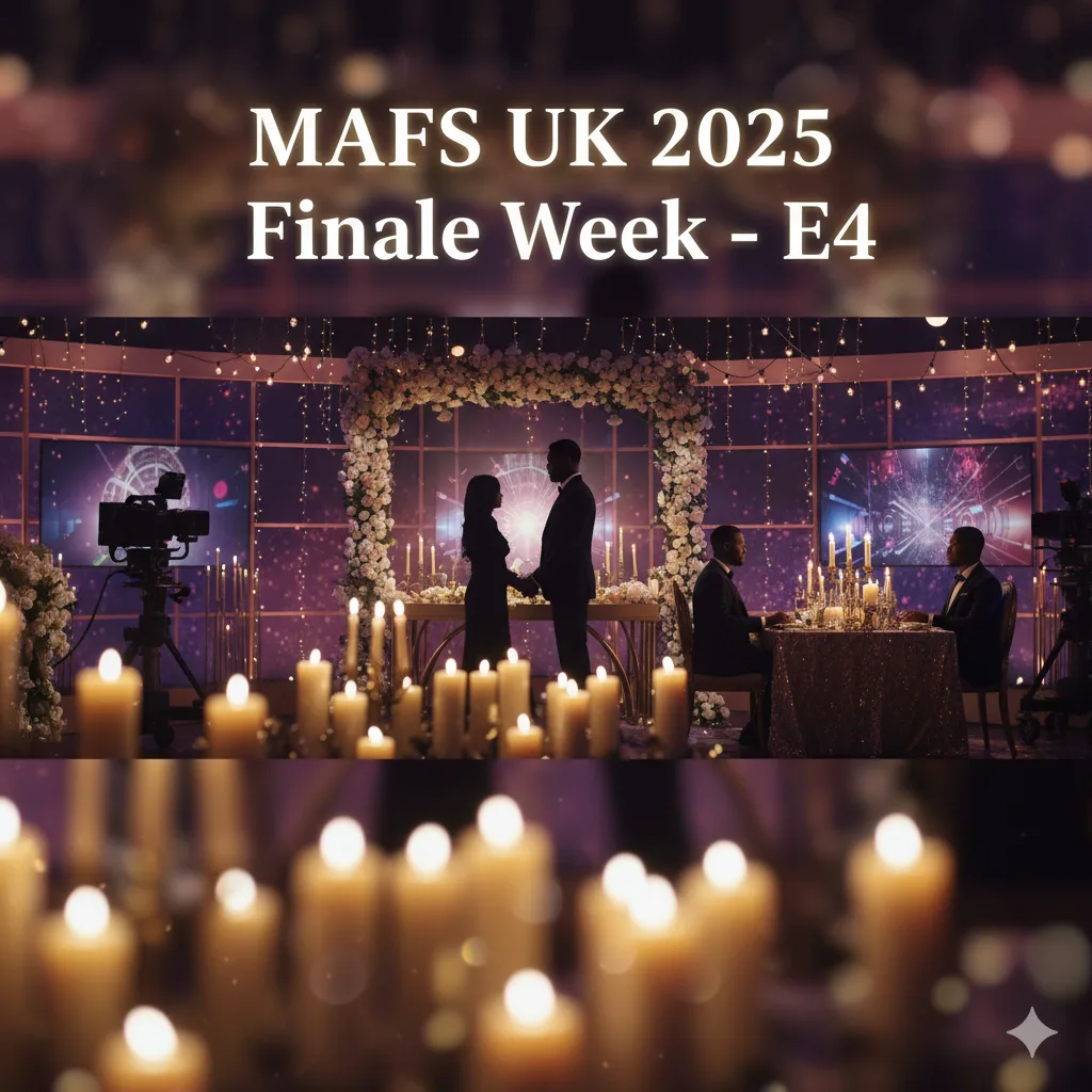 Cinematic image capturing the dramatic final vows of MAFS UK 2025. Silhouettes of couples stand or sit in a warmly lit, elegant reality TV studio setting with soft focus, candles, and purple and gold lighting, emphasizing romance, drama, and emotional tension. Overlay text reads: 'MAFS UK 2025 Finale Week – E4