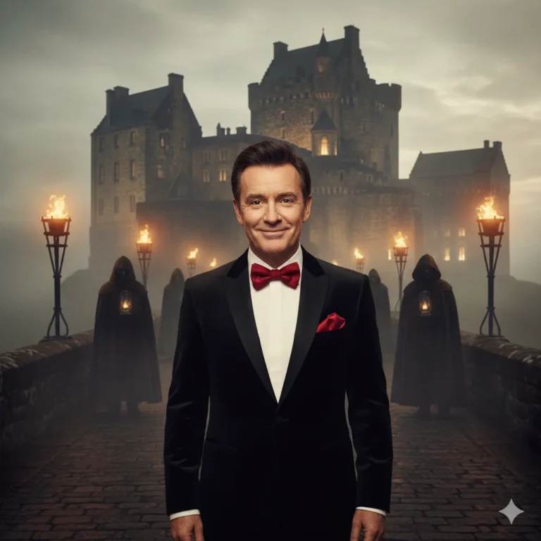 Alan Carr smiling confidently, dressed in a black velvet suit and red bow tie, standing on a misty bridge with dramatic candelabras and cloaked figures in the background of a mysterious Scottish castle at dusk. The image has a cinematic gold and red color grade, perfect for a triumphant reality TV finale reveal.