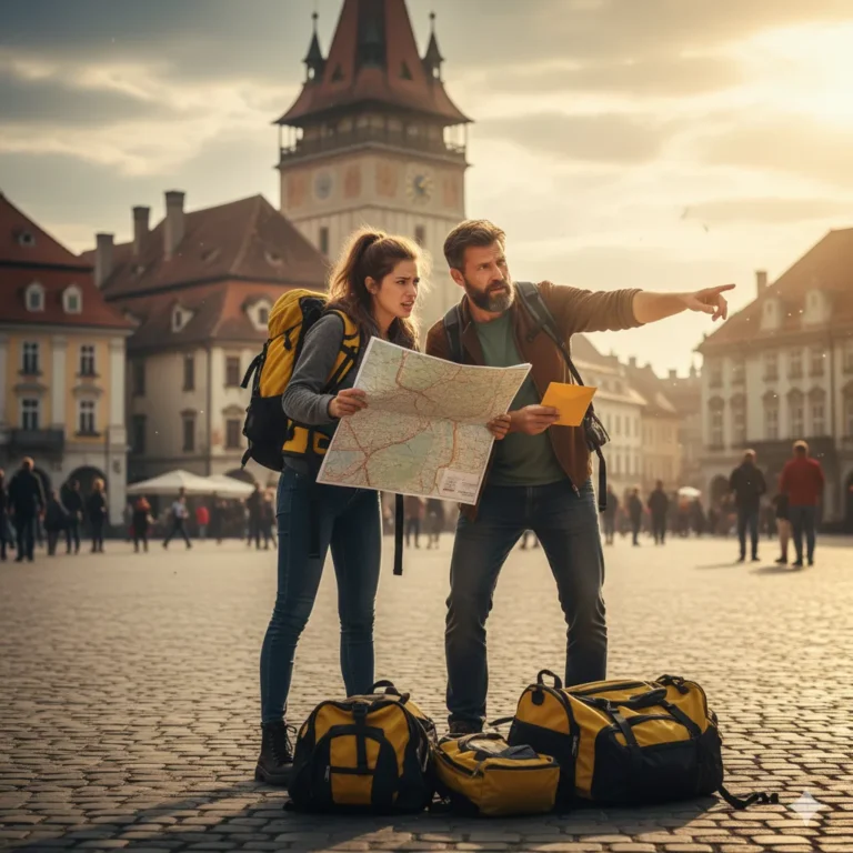 Cinematic travel-adventure photo of a father and daughter racing duo in a Romanian city square. The daughter, frustrated, holds a map, while the father looks determined. They wear yellow and black backpacks, hinting at The Amazing Race. The scene has a golden hour glow over the cobblestone streets and European architecture.