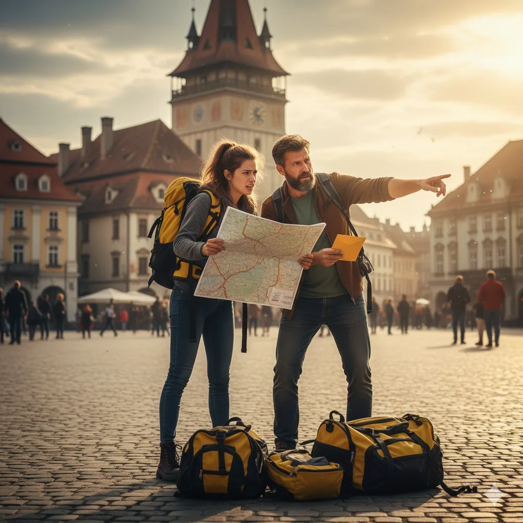 Cinematic travel-adventure photo of a father and daughter racing duo in a Romanian city square. The daughter, frustrated, holds a map, while the father looks determined. They wear yellow and black backpacks, hinting at The Amazing Race. The scene has a golden hour glow over the cobblestone streets and European architecture.