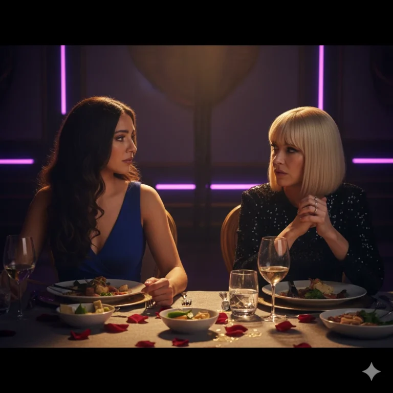 Cinematic still from a reality TV show resembling Married at First Sight UK. Two women, one with long dark hair in a blue dress and one with short blonde hair in a black sequin top, sit opposite each other at a glamorous dinner table with dramatic purple lighting, conveying emotional tension.Essential for SEO and accessibility, describing the visual content, setting, attire, and mood for search engines and screen readers.