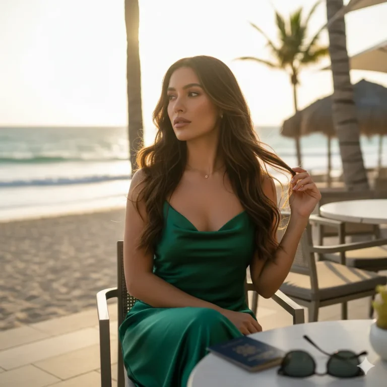 Cinematic editorial photo of a young woman with long brunette hair, wearing a green satin dress, sitting reflectively at a beachside café table during sunset. The background features a sunny ocean, sand, and palm trees, hinting at a luxury holiday.