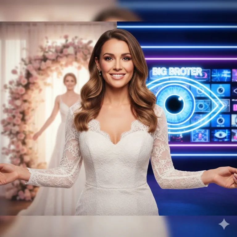 A high-gloss, reality-TV style promotional image showing four glamorous women in white evening dresses, symbolizing MAFS brides. They are standing confidently against a dramatic night-time backdrop of the Big Brother UK house, which features a large, glowing blue 'Big Brother' eye logo. The image includes the overlaid text: "MAFS Brides Join Big Brother UK 2025" and "Meet the 4 Fan Favourites."