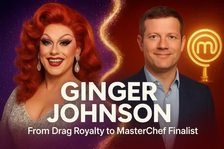 Split image of Ginger Johnson in glamorous drag next to Donald Marshall out of drag, with glitter swirl and MasterChef UK trophy in the background, promoting her journey from Drag Race winner to Celebrity MasterChef 2025 finalist.