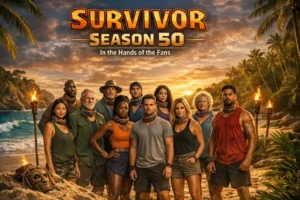 Promotional image for Survivor Season 50 featuring a diverse group of returning contestants standing on a tropical Fiji beach at sunset, with palm trees, ocean waves, and the Survivor logo overlay reading 'SURVIVOR SEASON 50 – In the Hands of the Fans