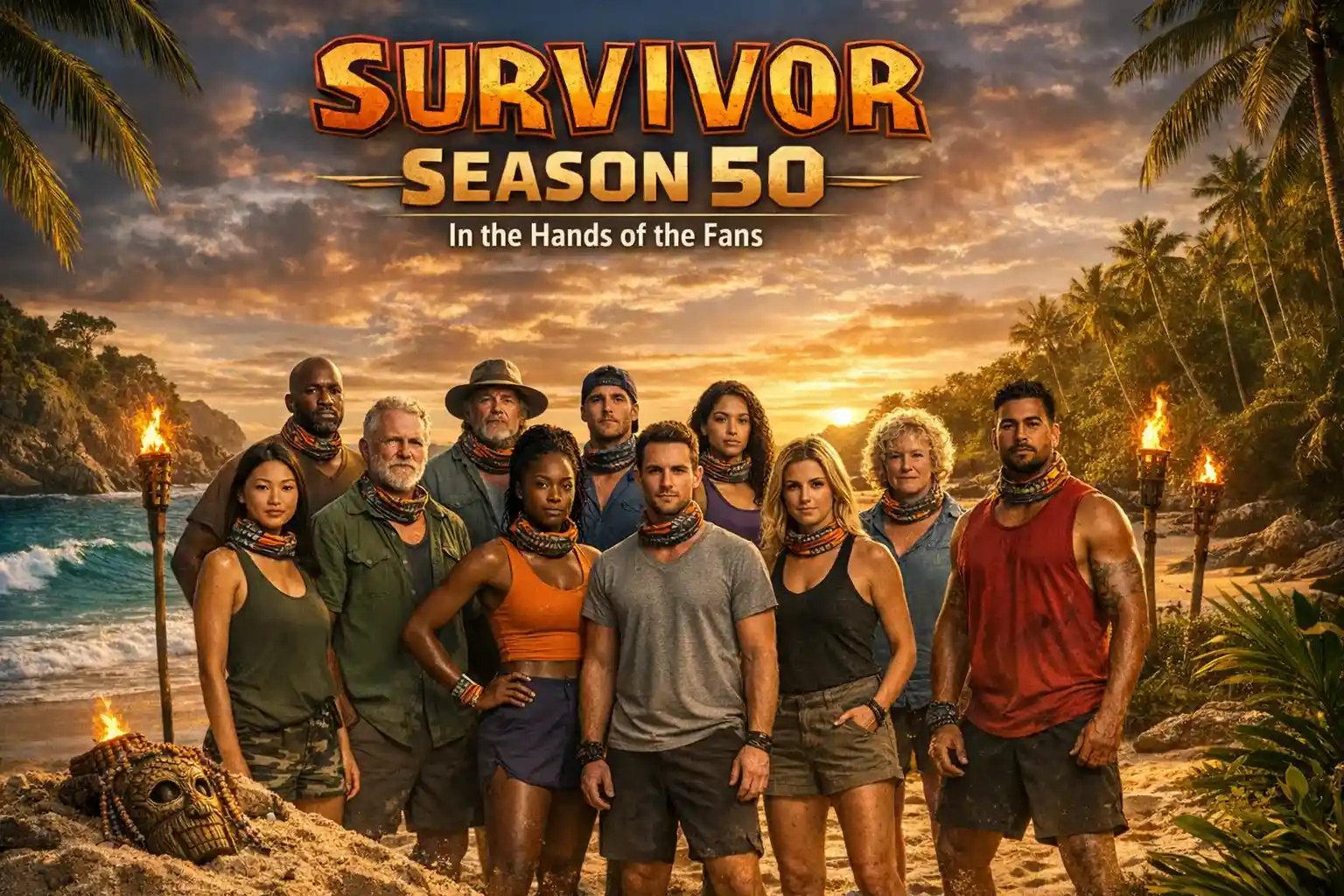 Promotional image for Survivor Season 50 featuring a diverse group of returning contestants standing on a tropical Fiji beach at sunset, with palm trees, ocean waves, and the Survivor logo overlay reading 'SURVIVOR SEASON 50 – In the Hands of the Fans