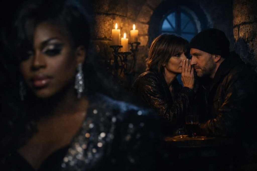 Moody castle scene from The Traitors Season 4 showing Monét X Change in soft focus in the foreground while Lisa Rinna secretly whispers to another Traitor under candlelight, symbolizing betrayal and strategic gameplay