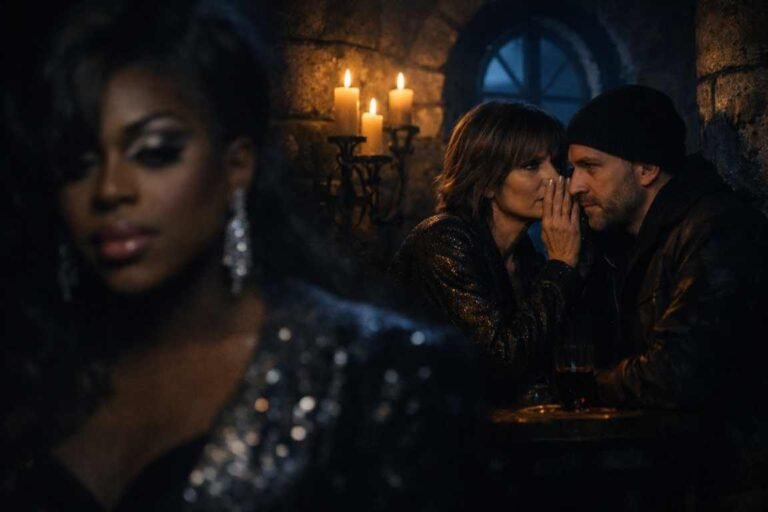 Moody castle scene from The Traitors Season 4 showing Monét X Change in soft focus in the foreground while Lisa Rinna secretly whispers to another Traitor under candlelight, symbolizing betrayal and strategic gameplay
