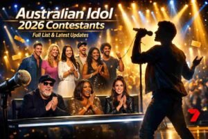 Australian Idol 2026 contestants performing on stage with judges Kyle Sandilands, Marcia Hines, and Amy Shark during auditions