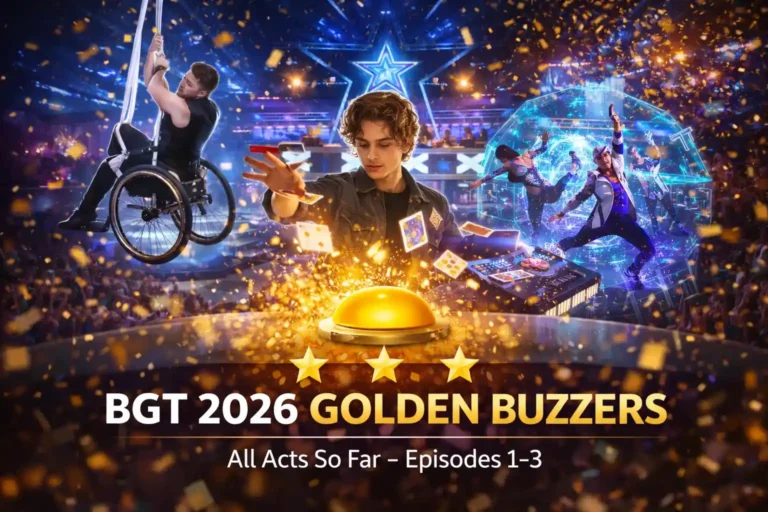 Britain’s Got Talent 2026 Golden Buzzer collage showing a wheelchair aerial performer, teenage magician with floating cards, and futuristic dance group around a glowing Golden Buzzer on a talent show stage.