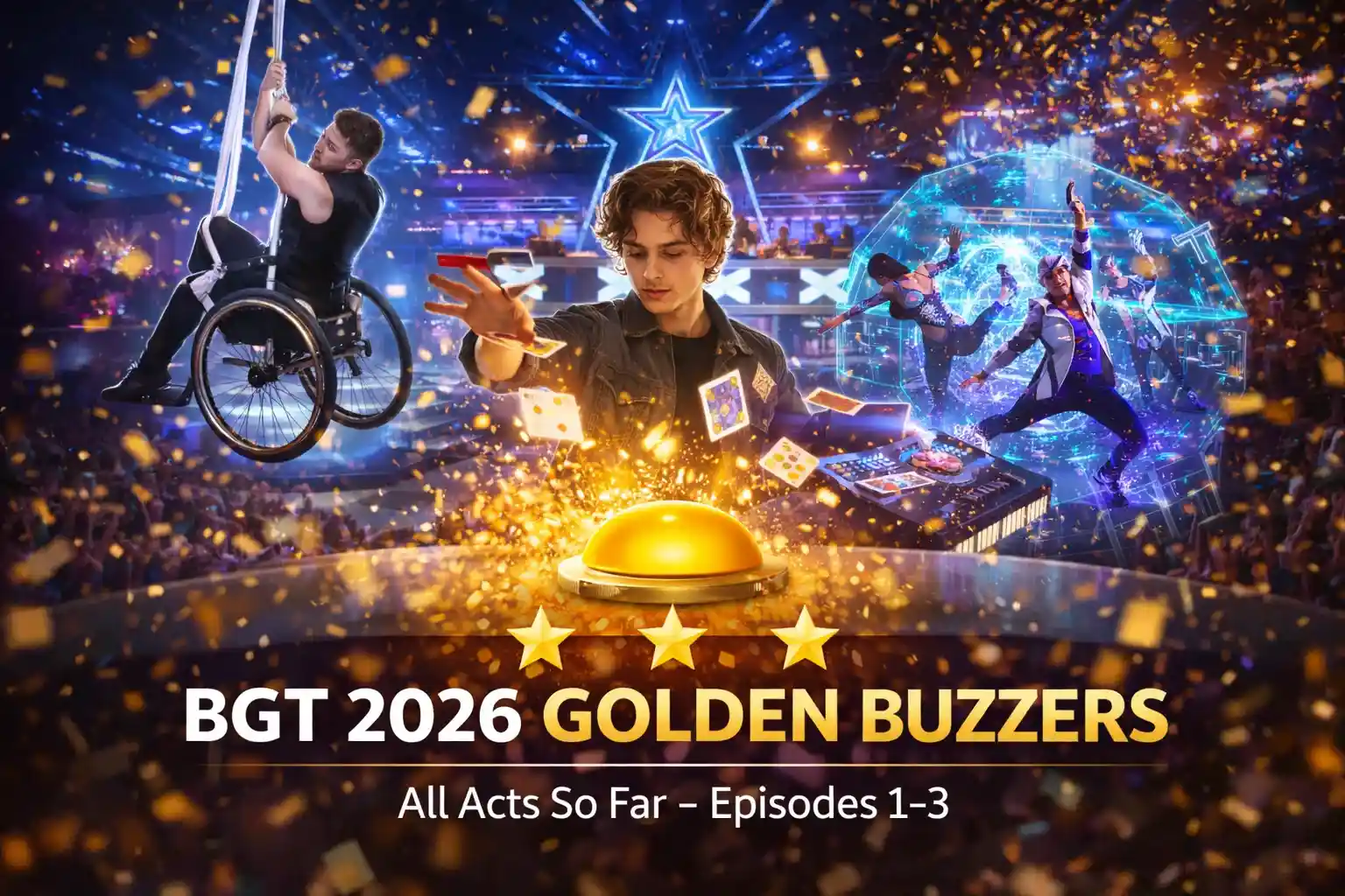 Britain’s Got Talent 2026 Golden Buzzer collage showing a wheelchair aerial performer, teenage magician with floating cards, and futuristic dance group around a glowing Golden Buzzer on a talent show stage.