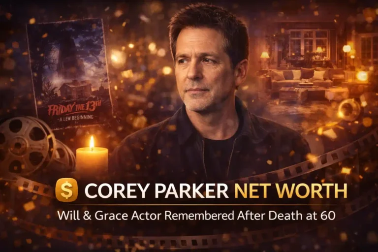 Corey Parker tribute image showing the Will & Grace and Friday the 13th actor with cinematic film elements and headline about his estimated net worth after his death at age 60.