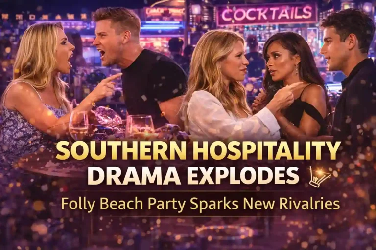 Cast members argue inside a neon-lit Charleston nightclub during a dramatic moment in Southern Hospitality Season 4, as tensions escalate among the Republic staff.