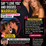Instagram-style entertainment news graphic featuring West Wilson and Amanda Batula smiling together during a romantic outing. The headline states that the Summer House couple reportedly exchanged "I love yous" and discussed marriage during a weekend getaway to Lake Geneva. The graphic also includes an inset image of the couple dining by the waterfront, a quote box summarizing an eyewitness account, and a smaller photo of West from his podcast where he discusses taking a break from Summer House. Bold pink, yellow, white, and black typography highlights the relationship update in a magazine-style 1080×1350 layout.