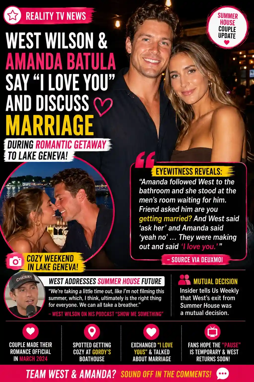 Instagram-style entertainment news graphic featuring West Wilson and Amanda Batula smiling together during a romantic outing. The headline states that the Summer House couple reportedly exchanged "I love yous" and discussed marriage during a weekend getaway to Lake Geneva. The graphic also includes an inset image of the couple dining by the waterfront, a quote box summarizing an eyewitness account, and a smaller photo of West from his podcast where he discusses taking a break from Summer House. Bold pink, yellow, white, and black typography highlights the relationship update in a magazine-style 1080×1350 layout.